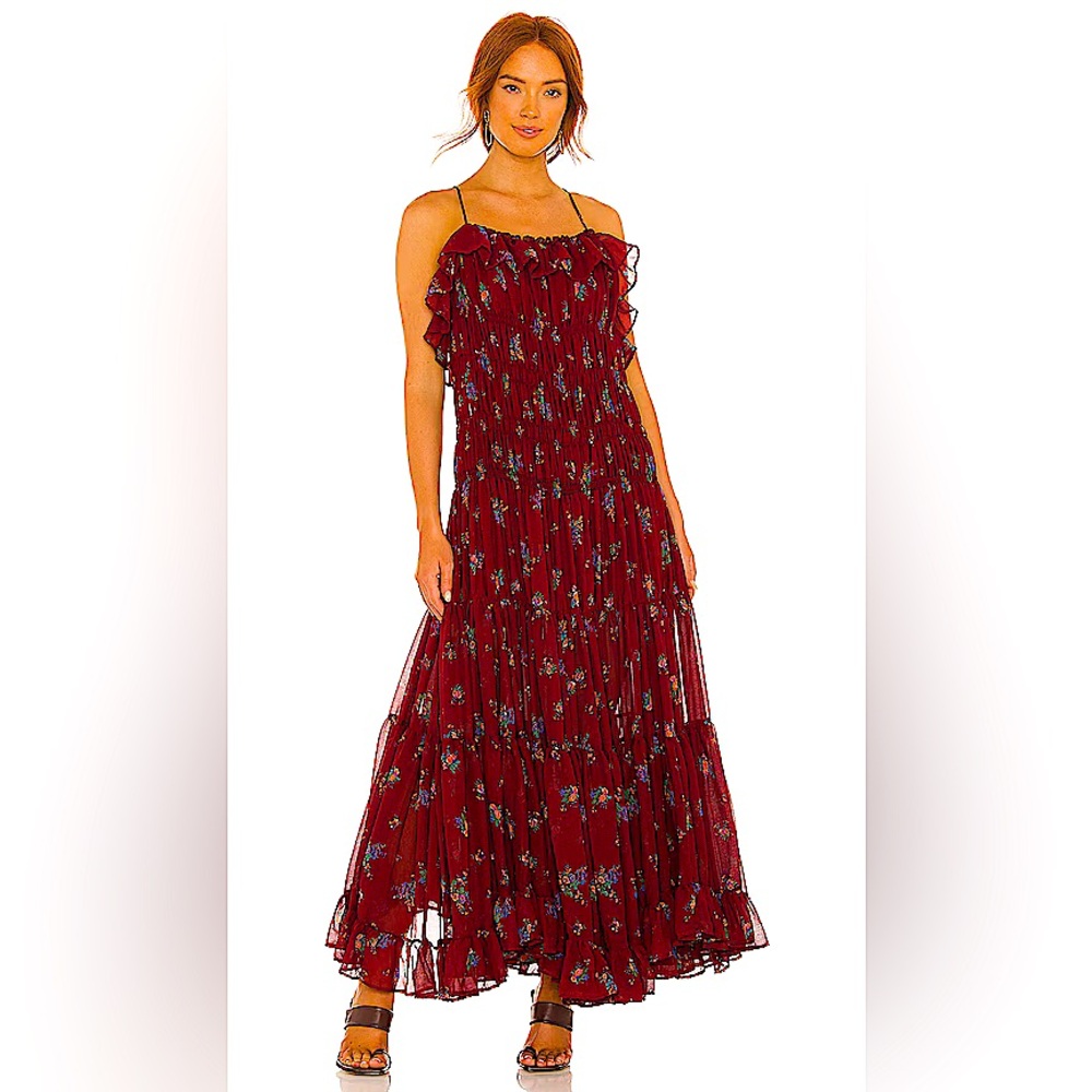 Free People Burgundy Floral Ruffle Tiered Maxi Dress